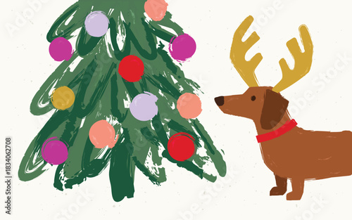 Cute dachshund wearing reindeer antlers admiring Christmas Tree