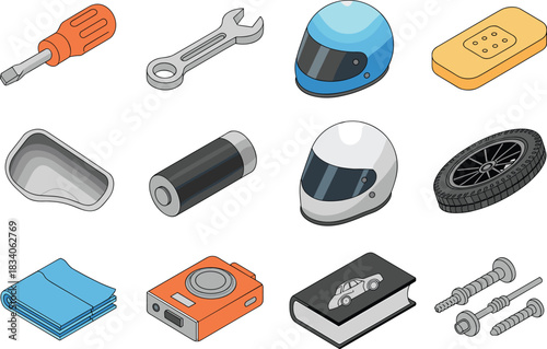 Isometric illustration of car tools, helmets, spare parts, accessories, repair equipment, and automotive maintenance items in modern vector style