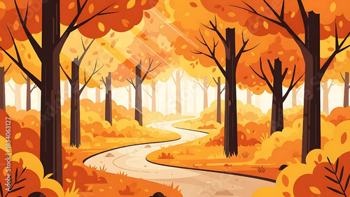 Autumn Forest Road Landscape Scenic Nature Fall Season Illustration