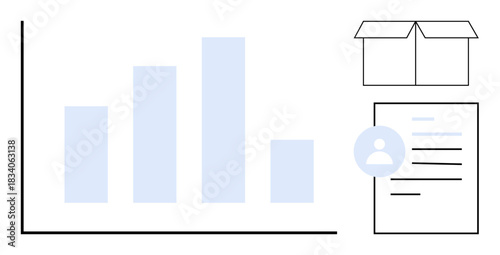 Business analytics, logistics, job applications, data reporting, recruitment, process management. Bar graph beside a resume and a box. Business analytics and logistics visualization theme
