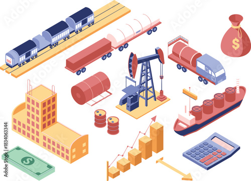 Isometric illustration of oil industry, transportation logistics, financial growth and economy symbols with trains, ships, trucks, barrels and pump jack