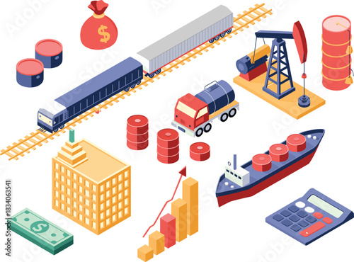 Isometric illustration of oil industry, transportation logistics, financial growth and economy symbols with trains, ships, trucks, barrels and pump jack