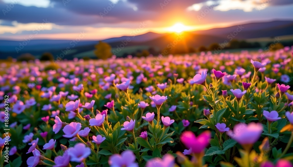 Obraz premium Sunset Meadows Blooming Purple and Pink Wildflowers