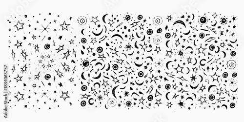 Hand drawn celestial elements pattern with stars moons and circles