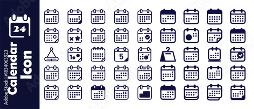Calendar icon set features diverse calendar representations with specific dates marked and other relevant symbols