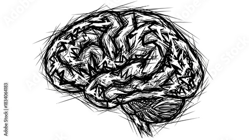 Artistic depiction of a human brain in monochrome style.