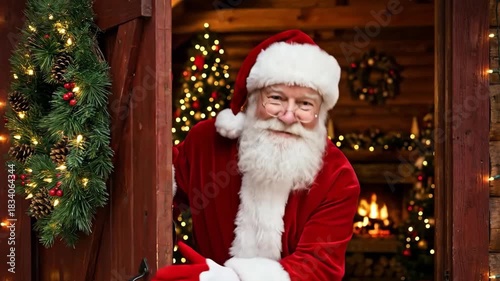 Santa Claus Peeking Through a Wooden Doorway, Cheerful Santa Claus Greeting Viewers from Cozy Christmas Setting