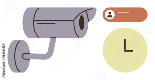 Wall-mounted surveillance camera with user profile and clock symbol emphasizing tracking, monitoring, and time-based security. Ideal for security, surveillance, protection, time management, privacy