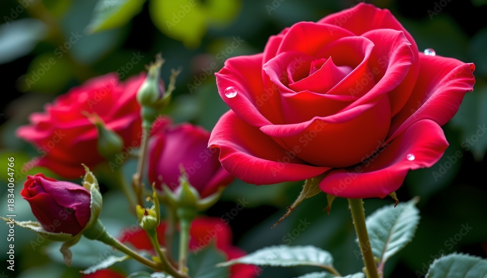 Obraz premium Vivid Red Rose with Water Droplets Soft Focus