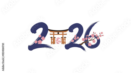 Japanese Calligraphy Style 2026 with Torii Gate and Sakura Blossoms.