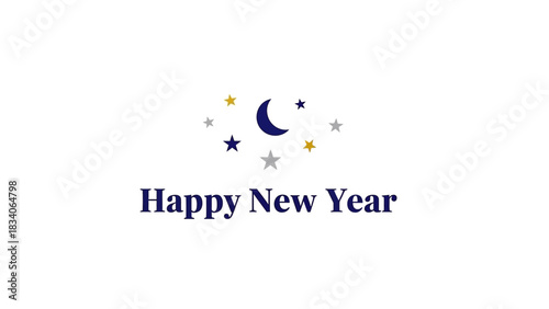 Happy New Year wishes with crescent moon and stars design for celebration.