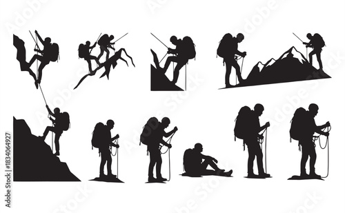 set collection Silhouette vector of climbers performing mountaineering activities rappelling hiking and exploring rocky terrain with rope gear and backpacks