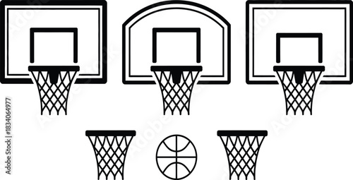 Basketball hoops and backboards minimal line art illustration, sports equipment icons set, black and white basketball graphic design, isolated
