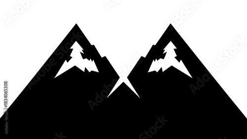 Two Black Mountain Peaks Against White Sky.