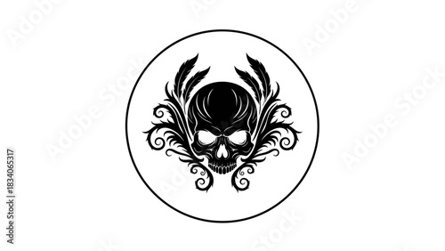 Skull with Floral Ornaments in a Circle - A Gothic Emblem.