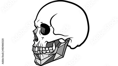 Detailed skull illustration with geometric jawline and hollow eye socket.