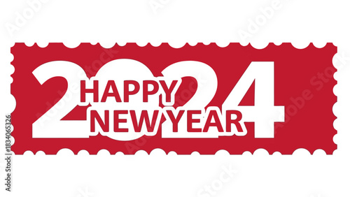 Happy New Year 2024 red stamp design with white text.