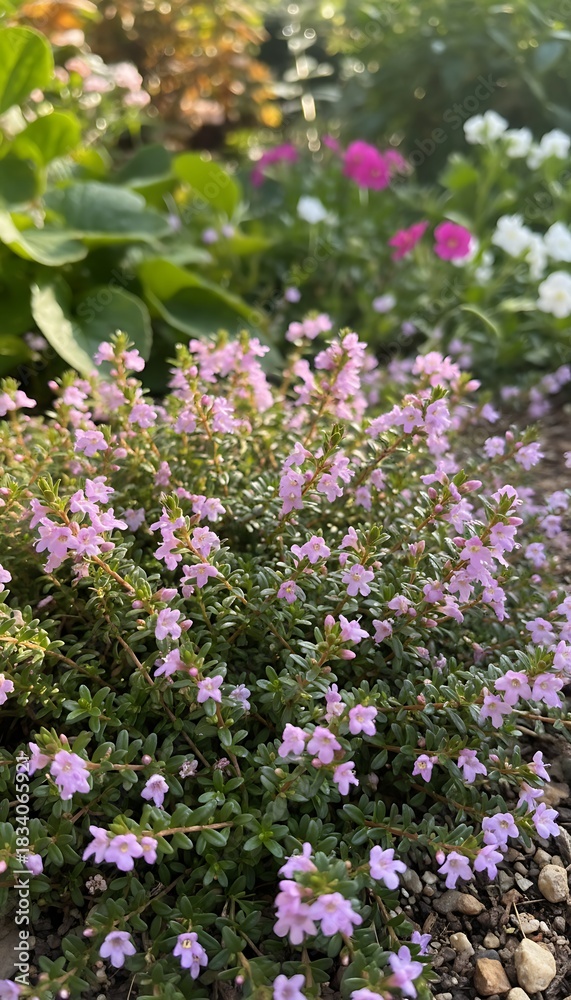 Obraz premium Close-up of delicate pink flowers with green foliage in a garden