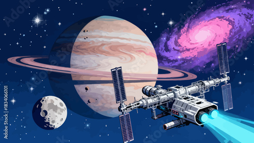 This vibrant cosmic illustration depicts a rocket traveling through space, surrounded by planets, moons, spiral galaxies, and stars, set against a colorful, star-filled dark background.