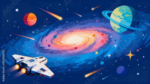 This vibrant cosmic illustration depicts a rocket traveling through space, surrounded by planets, moons, spiral galaxies, and stars, set against a colorful, star-filled dark background.