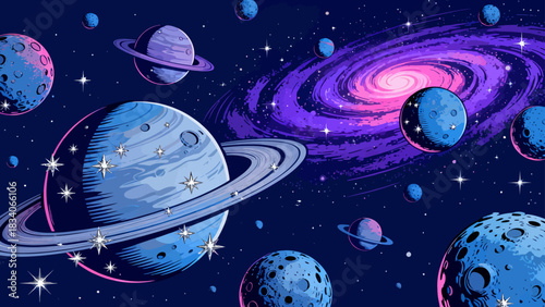 This vibrant cosmic illustration depicts a rocket traveling through space, surrounded by planets, moons, spiral galaxies, and stars, set against a colorful, star-filled dark background.