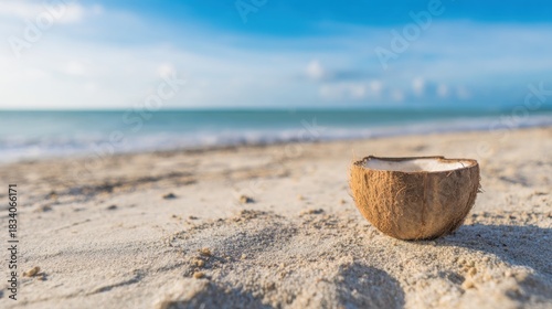 Coconut on sandy beach near ocean with clear sky and distant waves