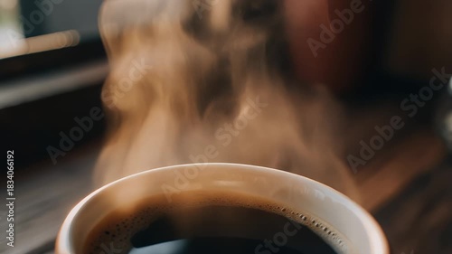 Cinematic Close-Up of Steaming Hot Coffee Cup in Morning Sunlight