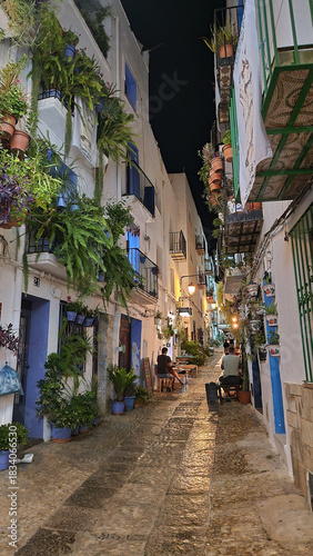 Peñíscola, old town, narrow streets, flowerpots, Mediterranean atmosphere, night, Castellón