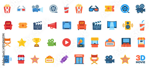 Collection of Flat Vector Cinema, Movie, and Film Icons: Popcorn, Tickets, 3D Glasses, Cameras, and VIP Seats for Entertainment