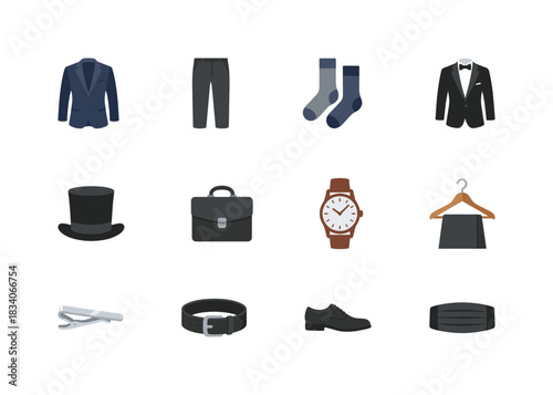 Flat Vector Men's Formal Attire Icons: Tuxedo, Suit, Trousers, Oxford Shoes, Briefcase, and Luxury Professional Accessories