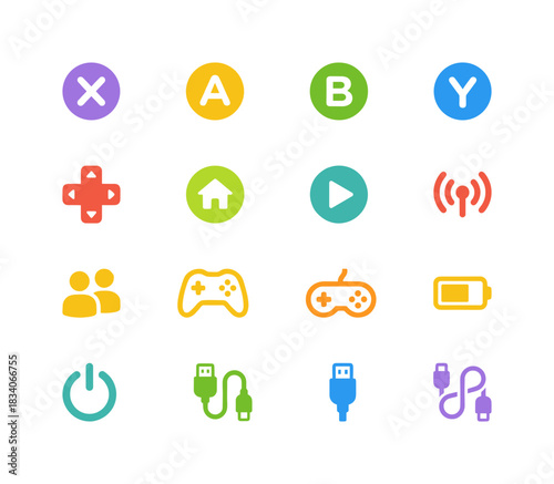 Vibrant Flat Vector Gaming Icons: Controllers, Buttons, USB, Power, and Wireless Symbols for Video Games and Technology