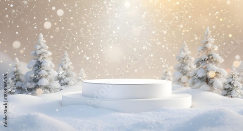 3D podium render for product display, cylindrical white pedestal standing in deep snow, surrounded by frosted miniature pine trees, magical glowing golden bokeh lights in the background, winter wonder