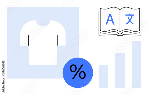 Language learning. Language learning through graphics including a multilingual book, percentage, graph, and clothing symbol. For education, statistics, commerce, and e-commerce
