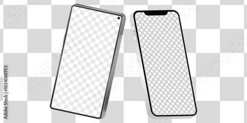 Two 3D smartphone mockups with transparent screens in perspective view for app presentation