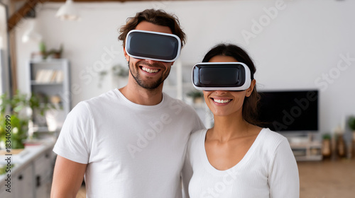 Digital world, newest technologies for entertainment concept, collage. Young couple in white t-shirts using modern virtual glasses, making hands movements isolated in neon, panorama