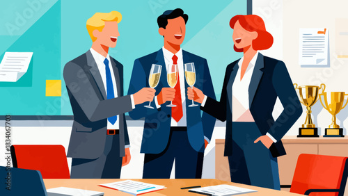 This office illustration shows a team of businesspeople toasting with champagne glasses, surrounded by falling confetti and ribbons, capturing the joyful celebration of a work success or achievement.