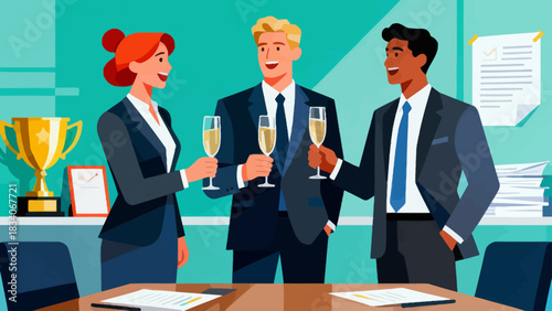 This office illustration shows a team of businesspeople toasting with champagne glasses, surrounded by falling confetti and ribbons, capturing the joyful celebration of a work success or achievement.