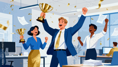 This office illustration shows a team of businesspeople toasting with champagne glasses, surrounded by falling confetti and ribbons, capturing the joyful celebration of a work success or achievement.