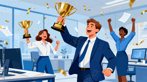This office illustration shows a team of businesspeople toasting with champagne glasses, surrounded by falling confetti and ribbons, capturing the joyful celebration of a work success or achievement.