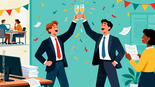 This office illustration shows a team of businesspeople toasting with champagne glasses, surrounded by falling confetti and ribbons, capturing the joyful celebration of a work success or achievement.