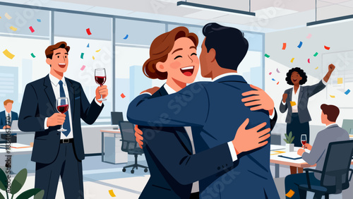 This office illustration shows a team of businesspeople toasting with champagne glasses, surrounded by falling confetti and ribbons, capturing the joyful celebration of a work success or achievement.