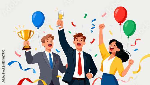 This office illustration shows a team of businesspeople toasting with champagne glasses, surrounded by falling confetti and ribbons, capturing the joyful celebration of a work success or achievement.