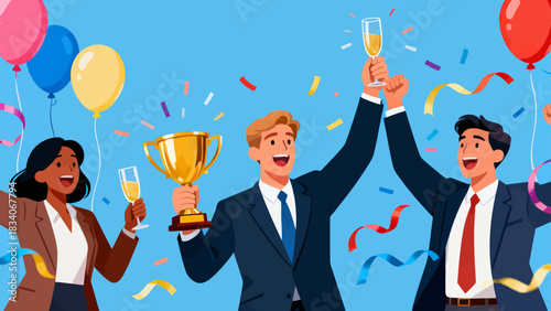 This office illustration shows a team of businesspeople toasting with champagne glasses, surrounded by falling confetti and ribbons, capturing the joyful celebration of a work success or achievement.