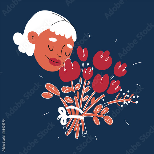 Cartoon vector illustration of woman smelling a bouquet, symbolizing relaxation, appreciation, and the joy of nature against dark background