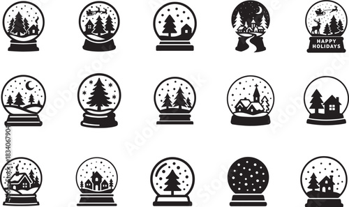   Snow globe scenes with mini winter icons, festive silhouette vector EPS set for decor projects.