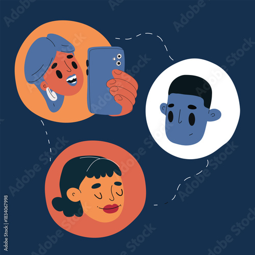 Cartoon vector illustration of people icons communicating online, symbolizing digital connection, social networking, and virtual interaction against dark background