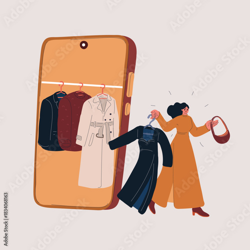 Cartoon vector illustration of woman buying a dress online via smartphone, symbolizing digital shopping, convenience, and fashion