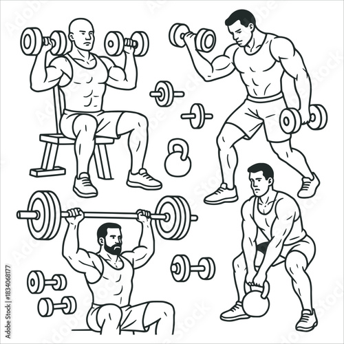 Fitness Workout Illustrations with Men and Gym Equipment