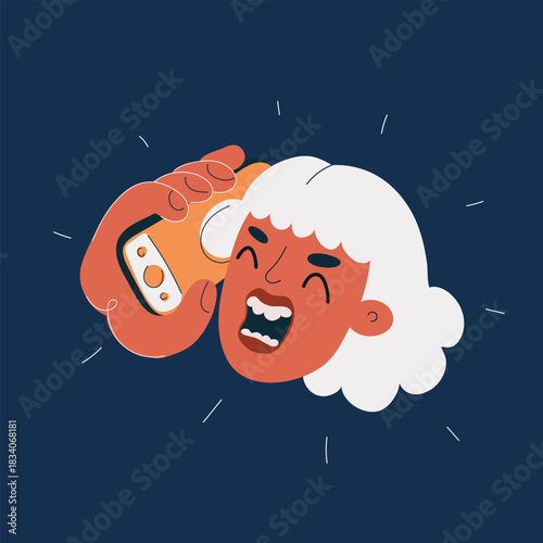 Cartoon vector illustration of woman shouting on the phone, symbolizing frustration, urgency, and strong emotions against dark background