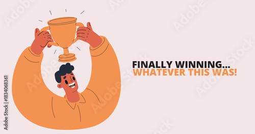 Cartoon vector illustration of man holding a golden trophy above his head, symbolizing victory, achievement, and success